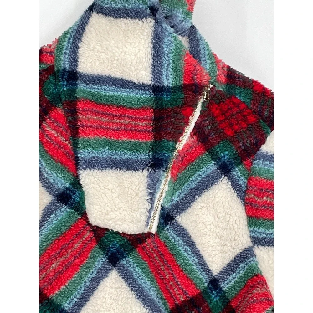 Talbots‎ Womens Pullover XL Sherpa Fleece Multicolor Plaid Shawl Zip